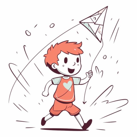 Cartoon illustration of a boy playing with a flying paper plane.