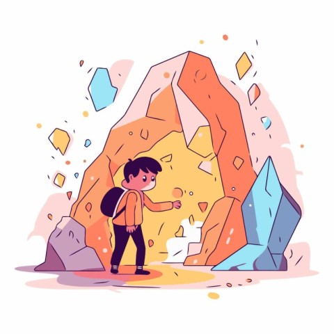 Vector illustration of a little boy with a backpack climbing on