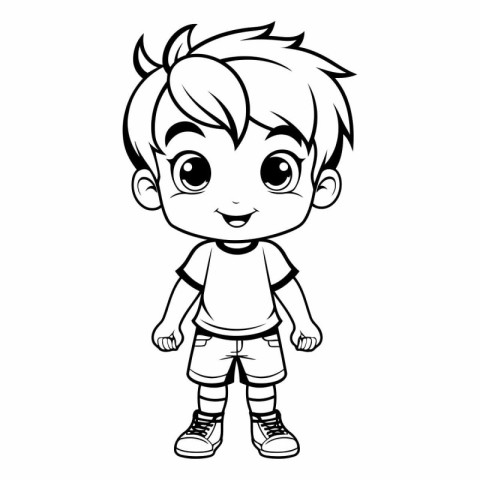 Black and White Cartoon Illustration of Cute Little Boy Characte