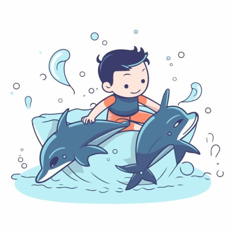 Little boy swimming with dolphins in the ocean. Cute cartoon vec