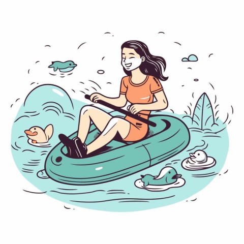 Girl paddling in a kayak. Vector hand drawn illustration.