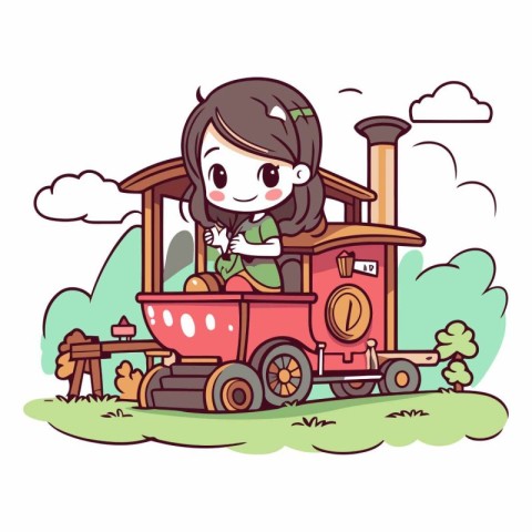 Cute girl riding a toy train in the park.