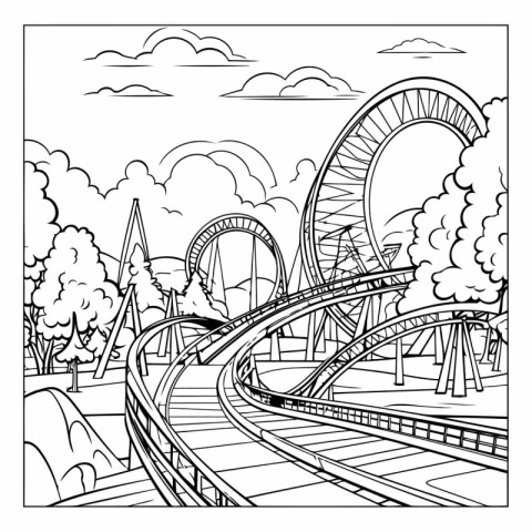 Amusement park with rollercoaster. Coloring book for children.