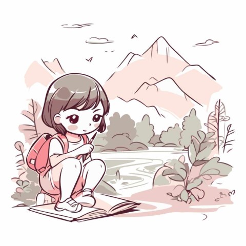 Cute little girl sitting on the river bank and reading a book