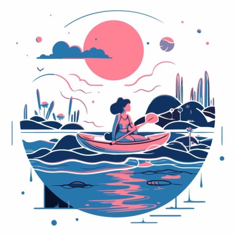 Woman in a canoe on the sea in flat style