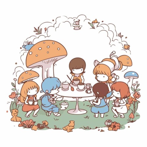 Children playing with mushrooms in the park. Hand drawn vector i