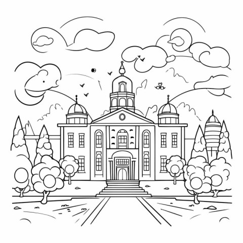 Vector illustration of a church in the city. Coloring book for c