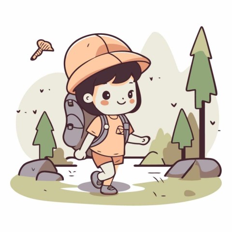 Cute little girl with backpack hiking in the forest