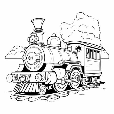 Steam locomotive. Black and white vector illustration for colori