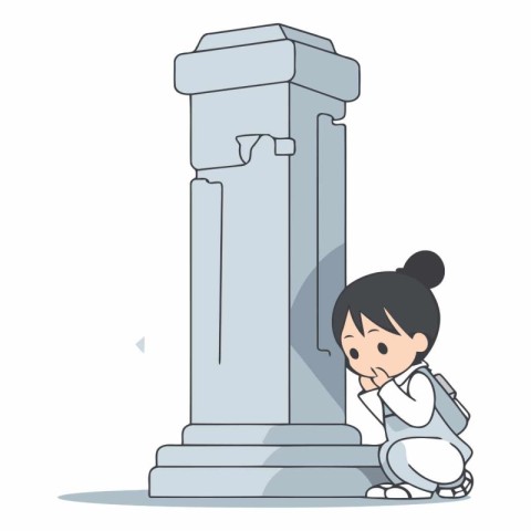 Illustration of a little girl sitting in front of an ancient col