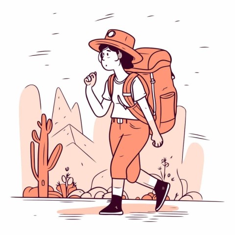 Hiking in the desert in hand drawn style.