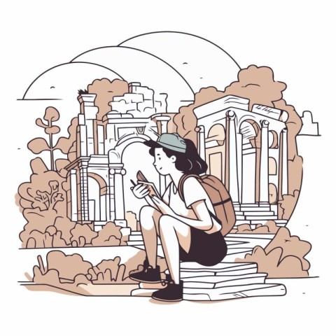 Traveler girl with backpack sitting on the steps of the ancient