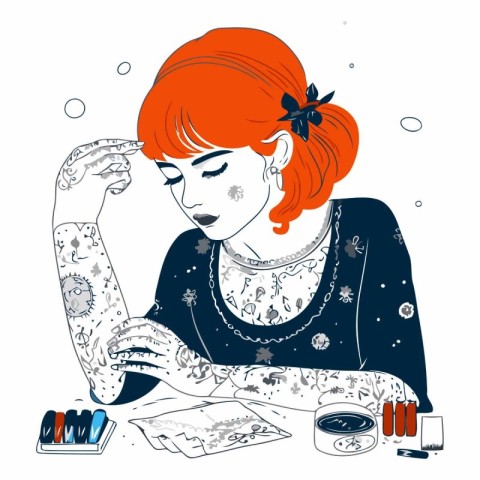 Vector illustration of a beautiful young woman with red hair sit