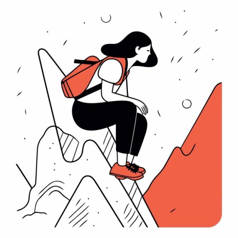 Vector illustration of a woman climbing up a mountain with a bac