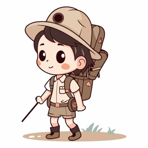 Boy scout wearing a hat and walking with a stick.