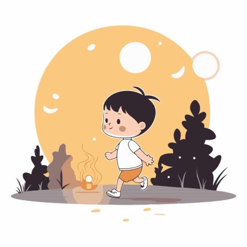 cute little boy running in the park with bonfire vector illustra