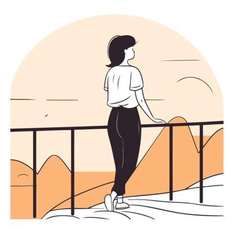 Young woman standing on the bridge at sunset in flat style