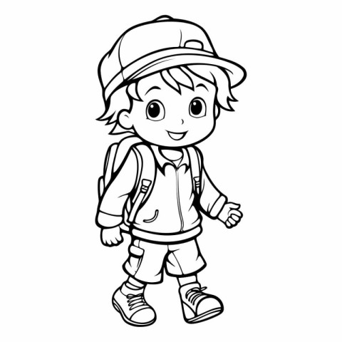 Coloring Page Outline Of a Cute Little Boy Hiking