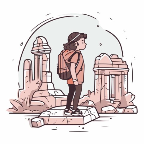 Tourist with backpack standing on the stone in cartoon style.