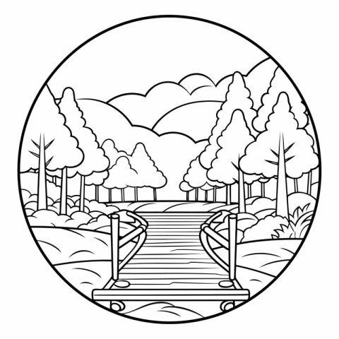 wooden bridge in the forest icon black and white vector illustra