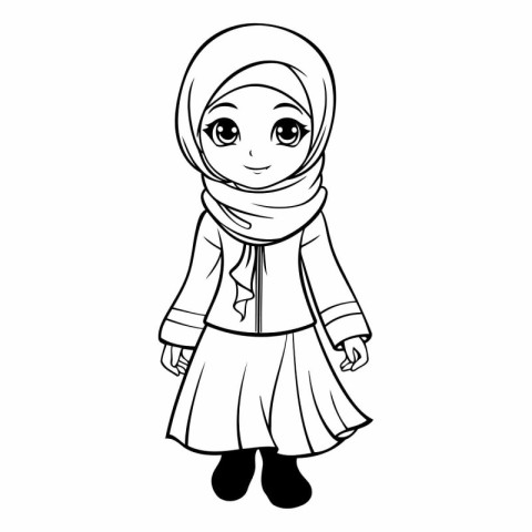 Cute muslim girl in traditional clothes for coloring book.