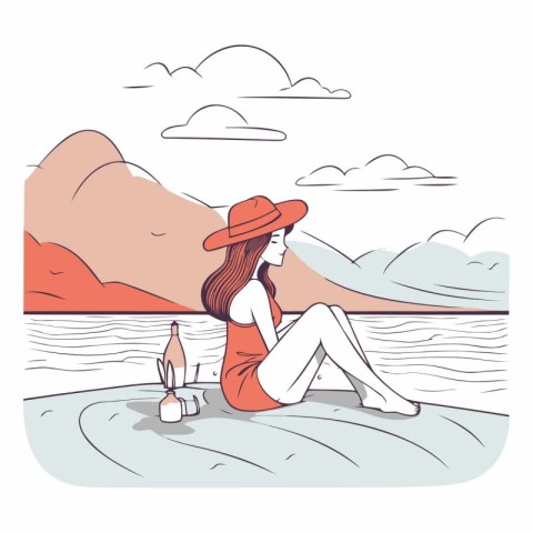 Vector illustration of a girl sitting on the beach with a bottle