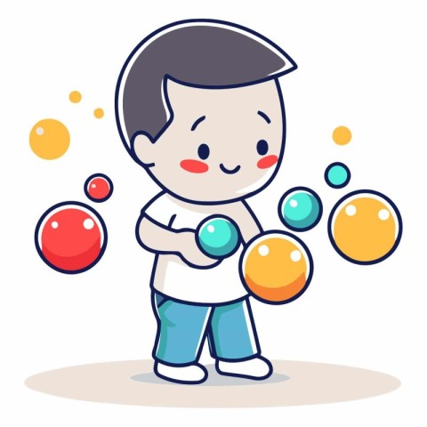 Vector illustration of a boy playing with bubbles. Hand drawn st