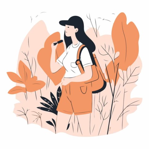 Vector illustration of a girl with a backpack in the forest. Fla