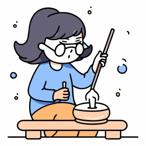 Illustration of a woman doing handicrafts on a wooden bench