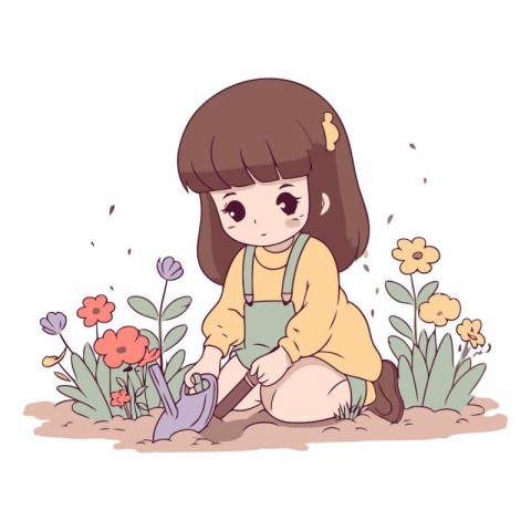 Cute little girl planting flowers in cartoon style.