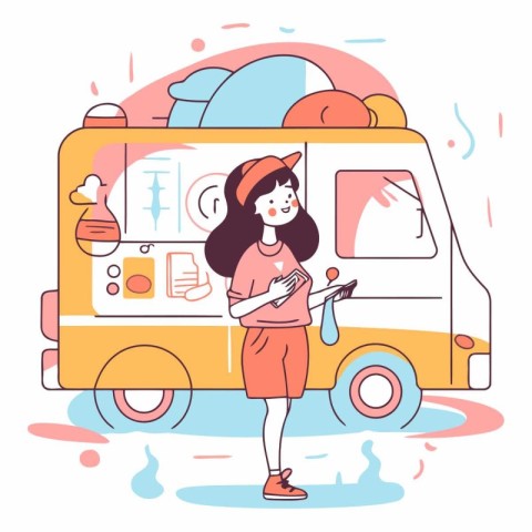 Vector illustration of a girl standing in front of a delivery va