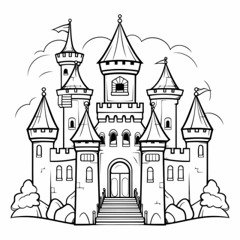 Fairytale castle. Black and white vector illustration for colori