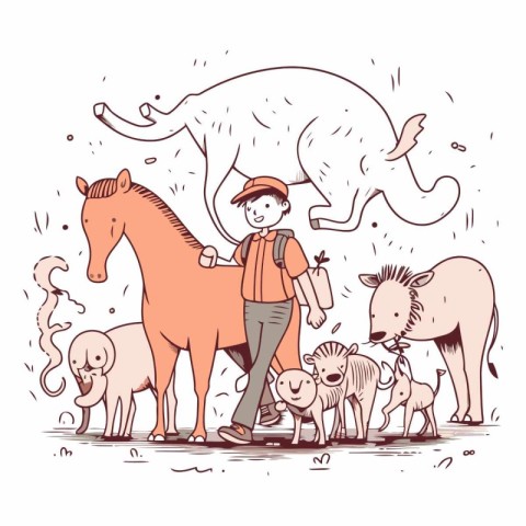 Vector hand drawn illustration of a farmer with his herd of anim