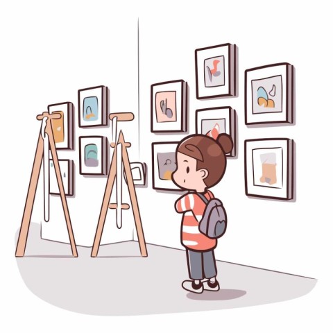 Illustration of a Little Girl Visiting an Art Gallery with Pictu