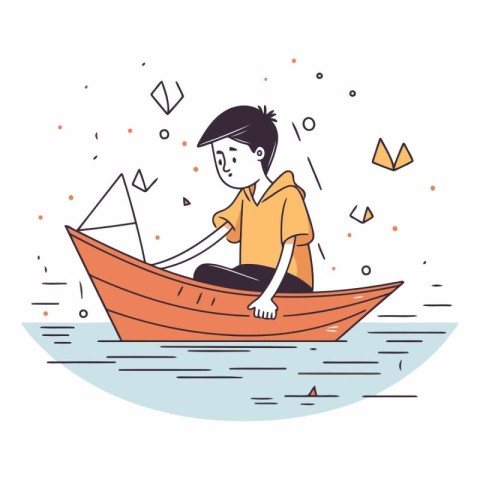 Cartoon boy in a boat in a flat style.