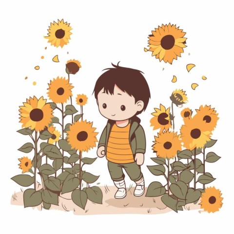 cute little boy with sunflowers in the field vector illustration