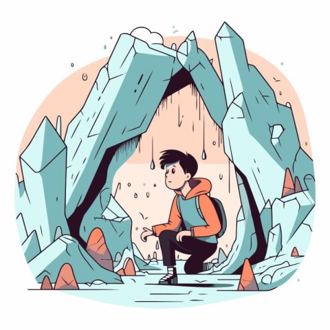 Vector illustration of a man climbing up to the top of a glacier