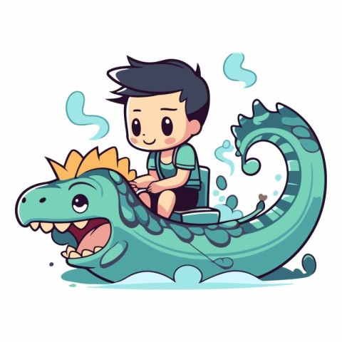 Cartoon boy playing with a dragon. Cute vector illustration.