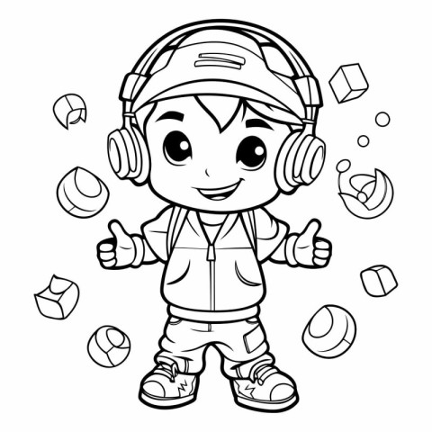 Illustration of a Kid Boy Wearing a Helmet and Earphones Playing