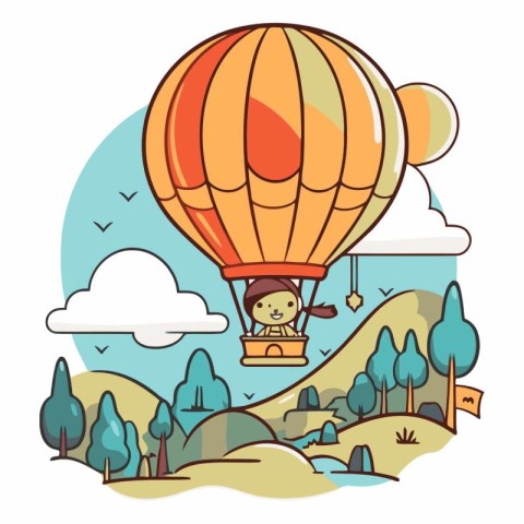 Cartoon cute girl flying in hot air balloon.