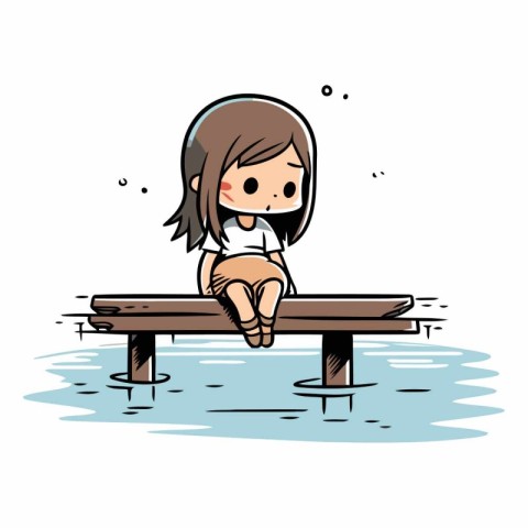 Cute little girl sitting on a wooden bench.