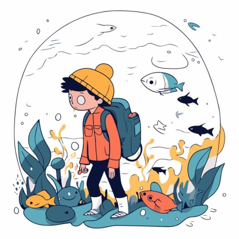 Vector illustration of a boy in a hat with a backpack. under the