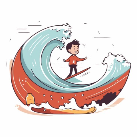 Cartoon illustration of a man surfing on a wave