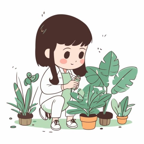 Illustration of a little girl taking care of the houseplants