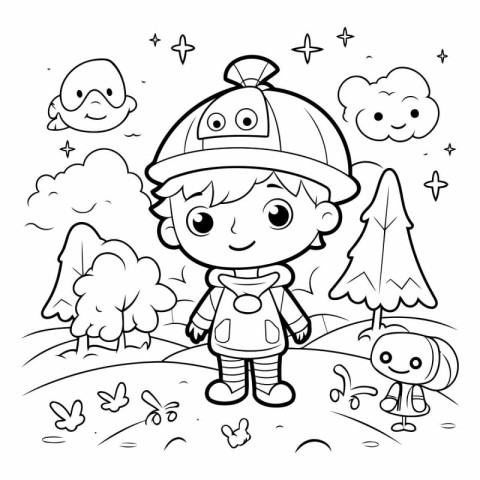 Coloring Page Outline Of a Cute Little Boy in the Forest