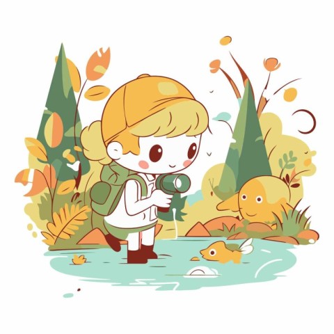 Boy with camera and duckling in the forest.