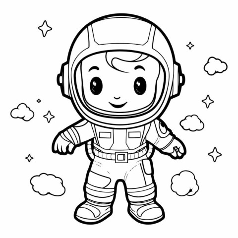 Black and White Cartoon Illustration of Astronaut Boy Character