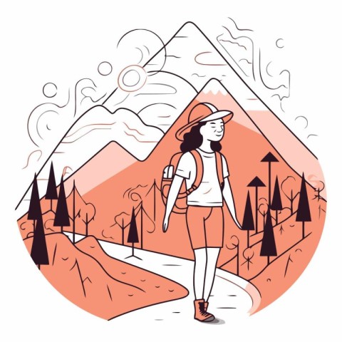 Young woman walking in the mountains in thin line style.