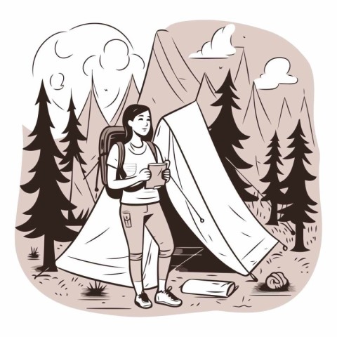 Tourist woman with backpack standing near tent in forest