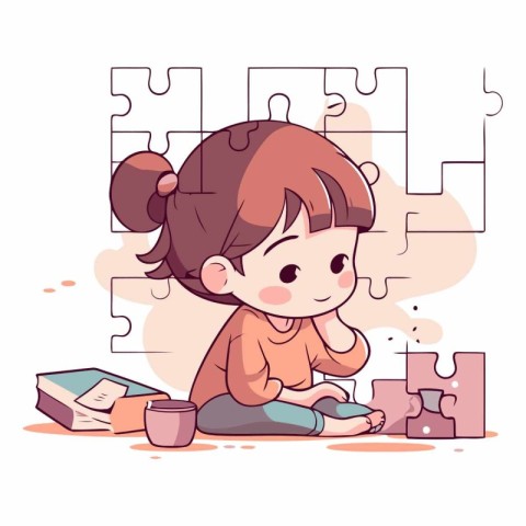 Cute little girl sitting on the floor and solving puzzle